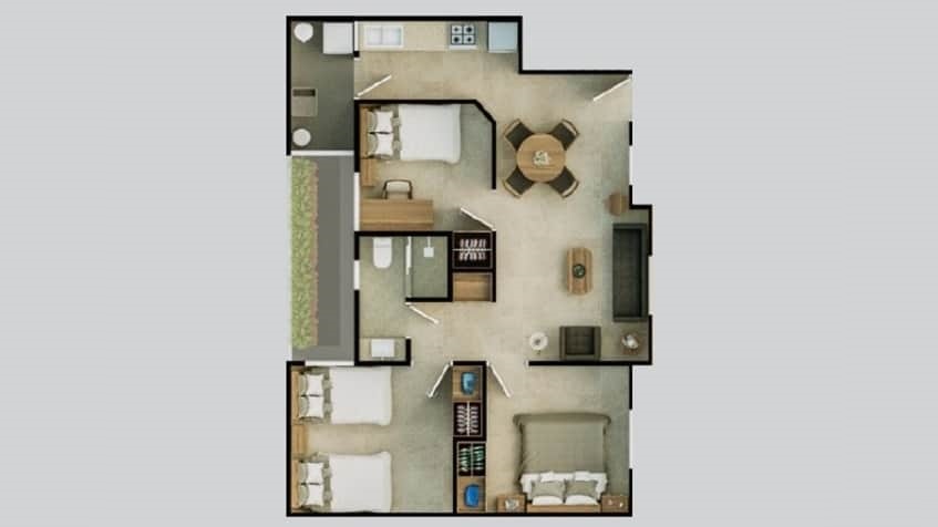 Three bedroom floor plan at Palmyra Condos