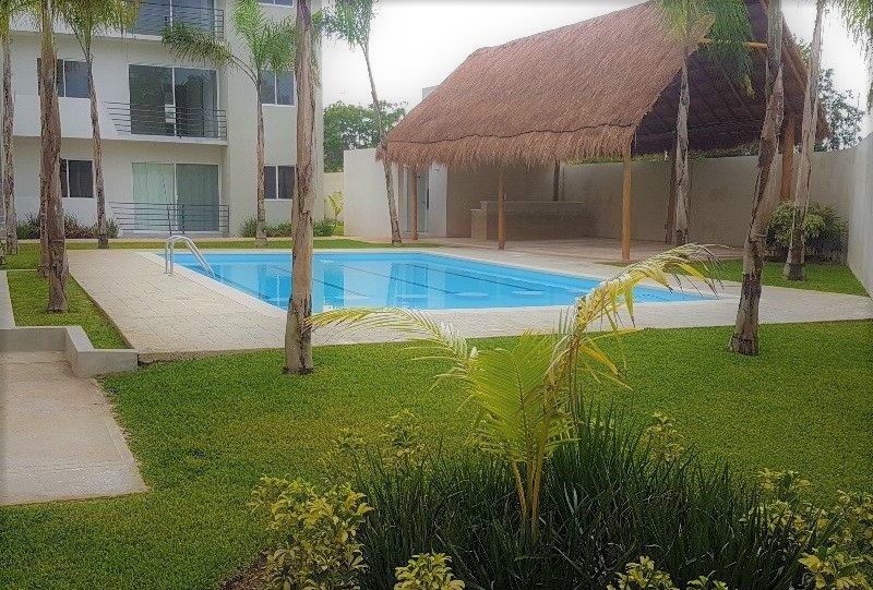 Swimming pool and palapa in front of residential building at Los Olivos