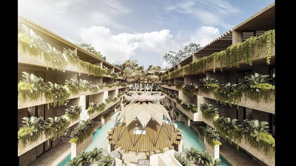 Residential condominium with pool in the middle and wooden flower shape palapa at Deja vu Tulum