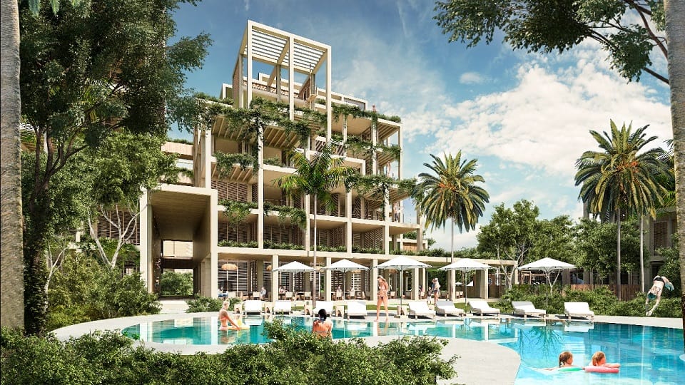 Swimming pool with residential building surrounded by palm trees at The Village Residence
