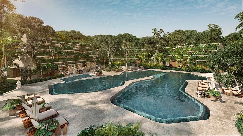 Futuristic shape of swimming pool at Kaybe Tulum