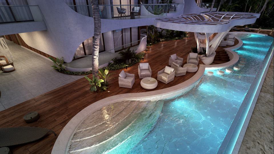 Infinity rooftop pool and bar pool stools in the water at Tankah 52