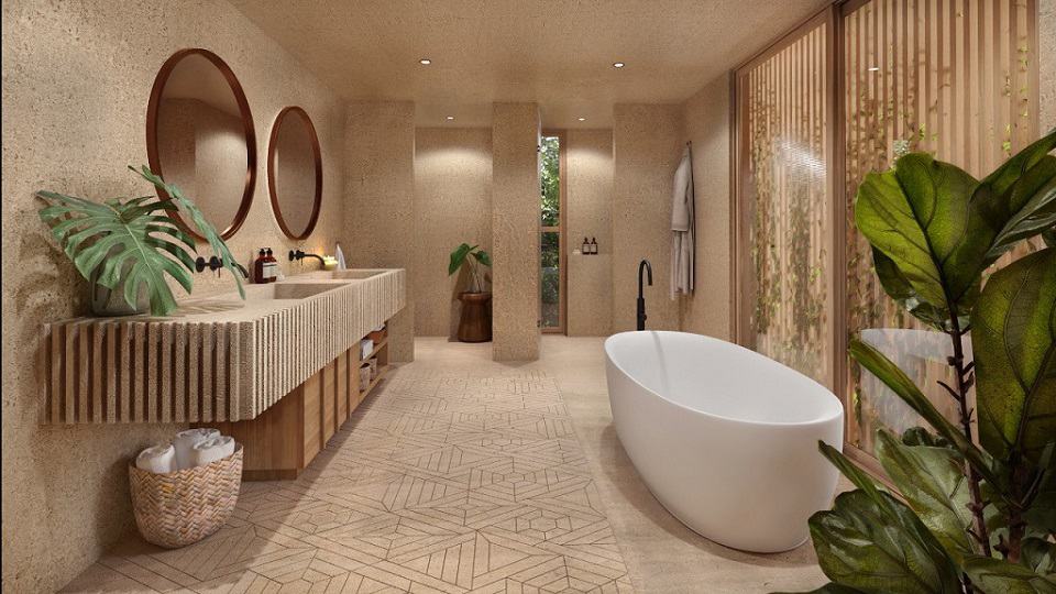 Large bathroom with double sink, and bathtub and large window at Aflora Tulum
