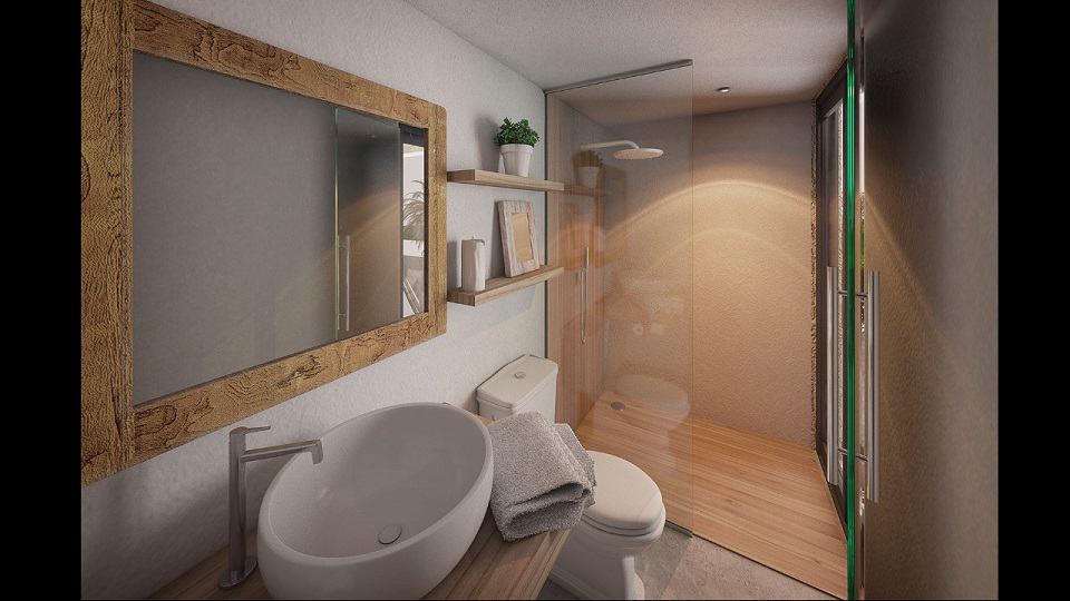 Large bathroom with shower cabin at Xkaa Ocean View Condos