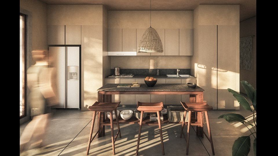 Kitchen with dining table with stool chairs at Koh Apartments