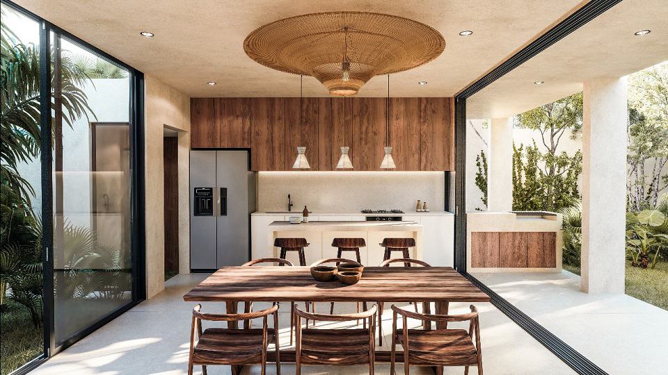 Kitchen with a dining room and two terraces terrace, one with bbq grill at Aflora Tulum