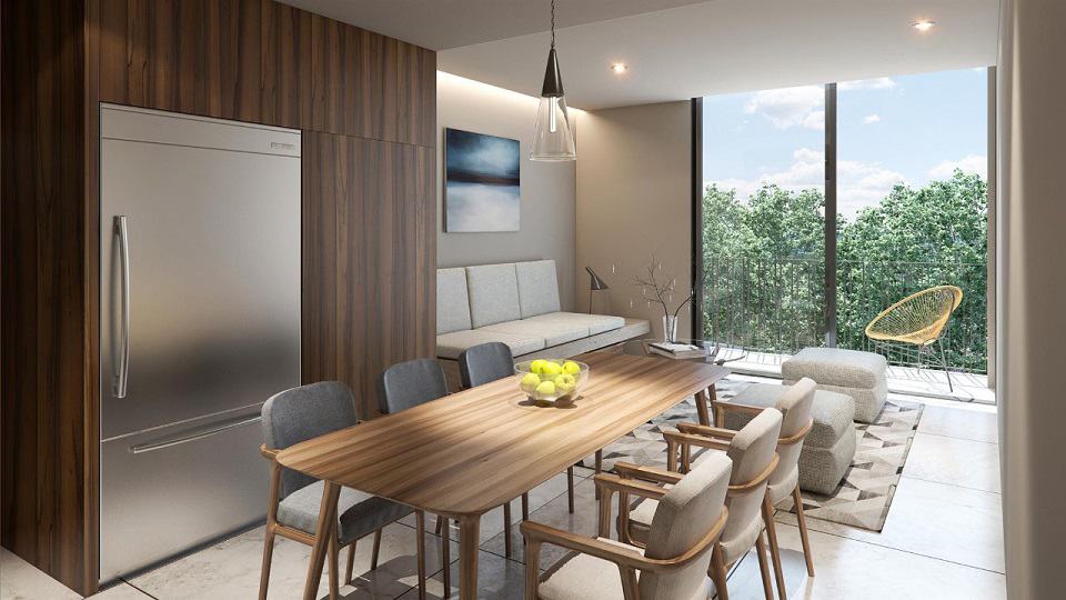 Condo living room, dining table and terrace with park view at Kaab at the Park