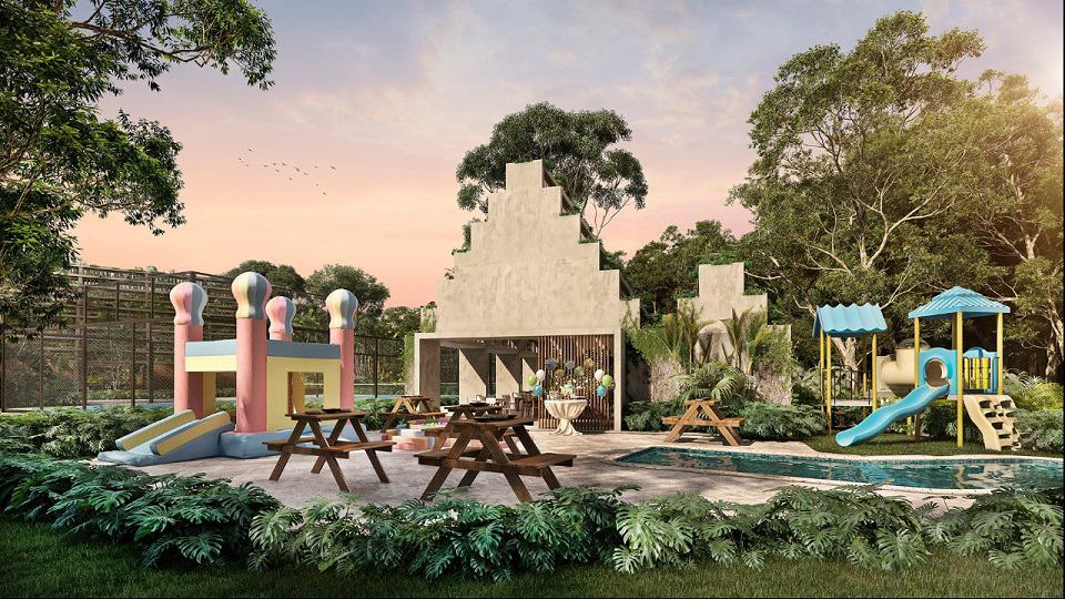 Kids playground with slides and pool at Kaybe Tulum
