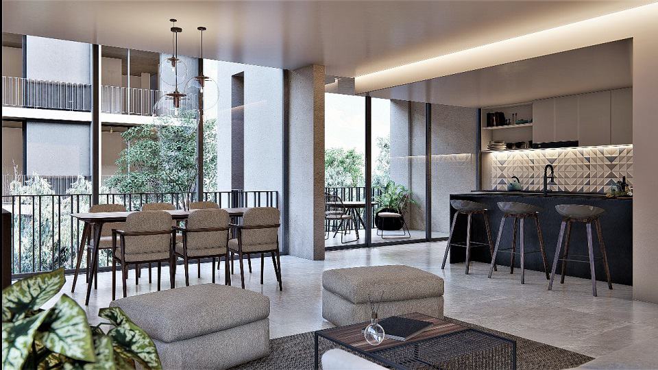 Penthouse interior with two large windows, kitchen and terrace at Kaab at the Park