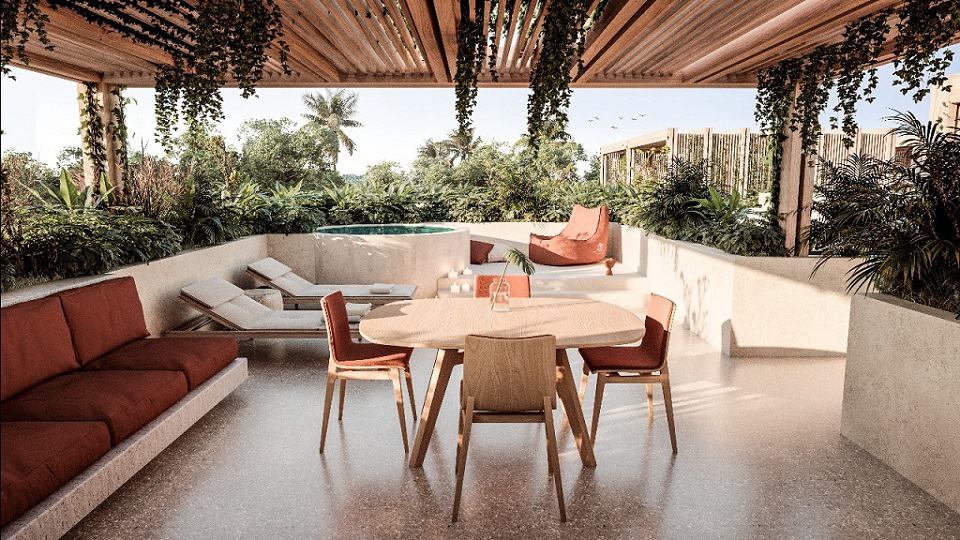 Penthouse terrace, jacuzzi, round table and lounge area at Aflora Tulum