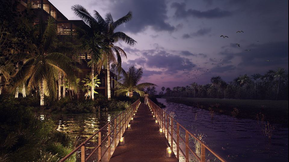 Residential building and bridge on the lake at night at The Village Residence