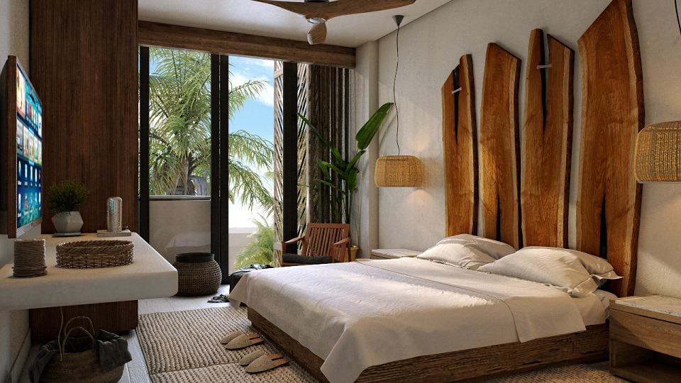 Bedroom wit a Tv in front of a bed and a tall window at Senderos Mayakoba