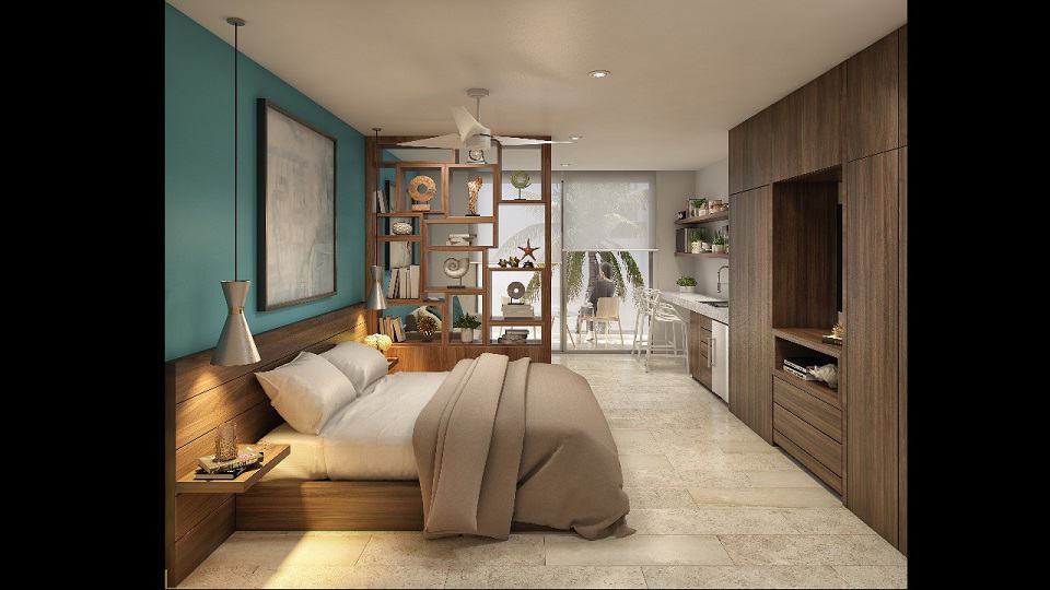 Bedroom area with built in closet and terrace at Piedrazul Downtown