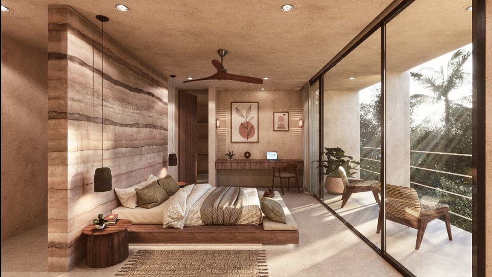 Large bedroom with tall window and terrace at Aflora Tulum
