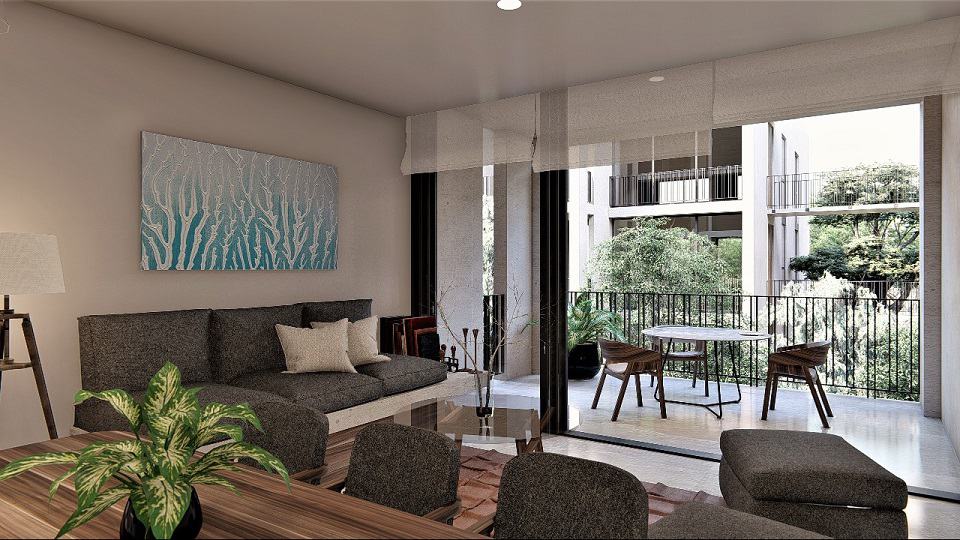 Living room and large terrace with park view at Kaab at the Park