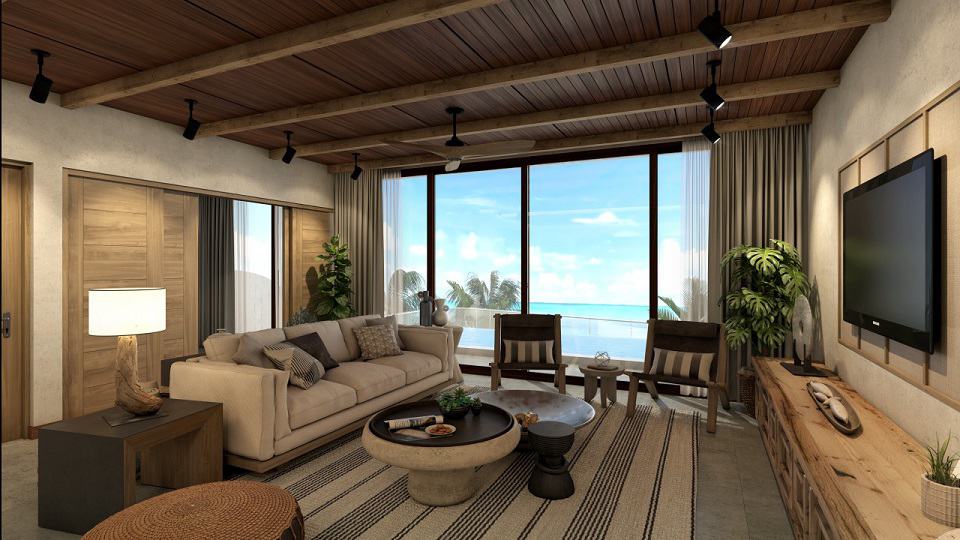 Living room with tv, terrace and ocean view at Tankah 52