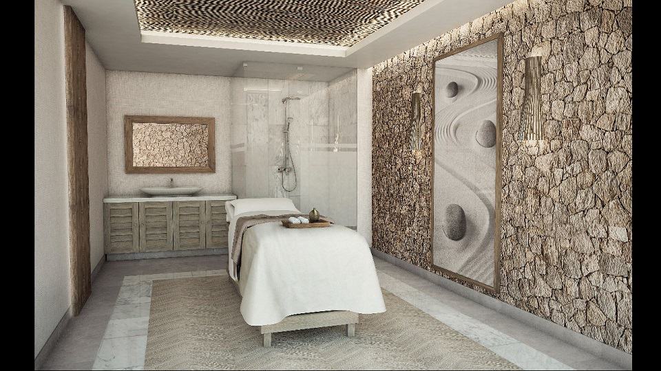 Spa room with massage bed and shower cabin at Amana Tulum