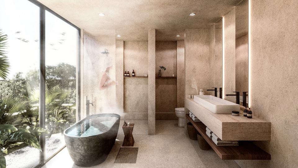 Bathroom with double sink, bathtub and shower cabin at Aflora Tulum