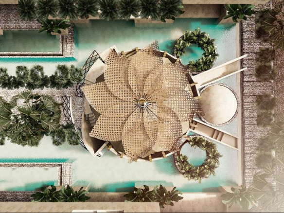Top view of flour palapa surrounded by pools at Deja Vu Tulum