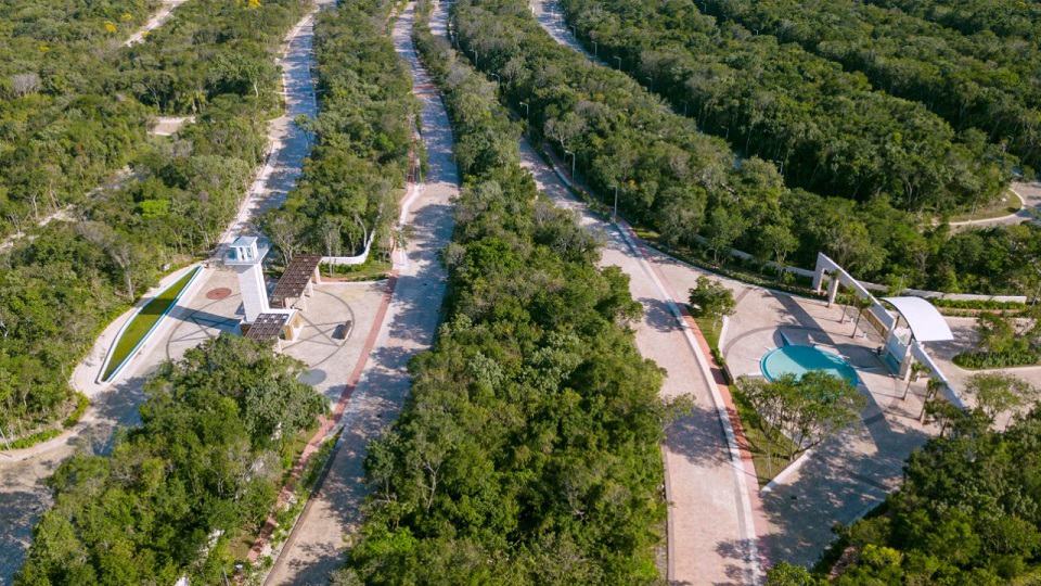 Top view of property entrance and roads in the jungle at Senderos Mayakoba