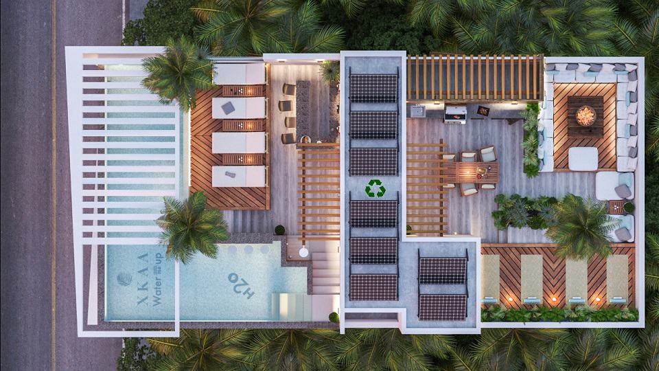 Rooftop floor plan with a pool, yoga deck, fire pit and solar panels at Xkaa Ocean View Condos
