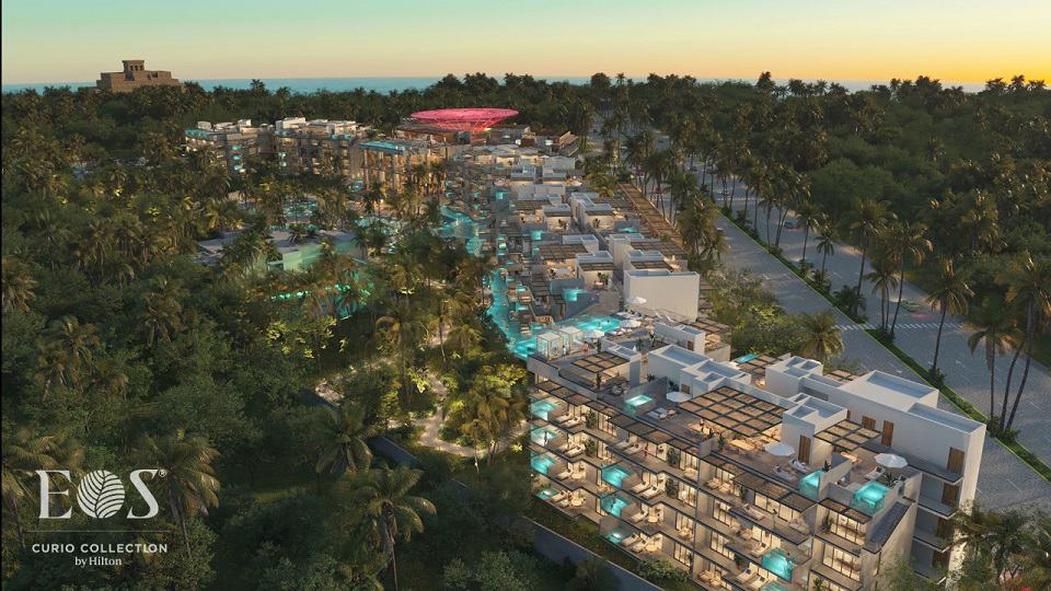 View of residential towers with pool complex at Eos Tulum