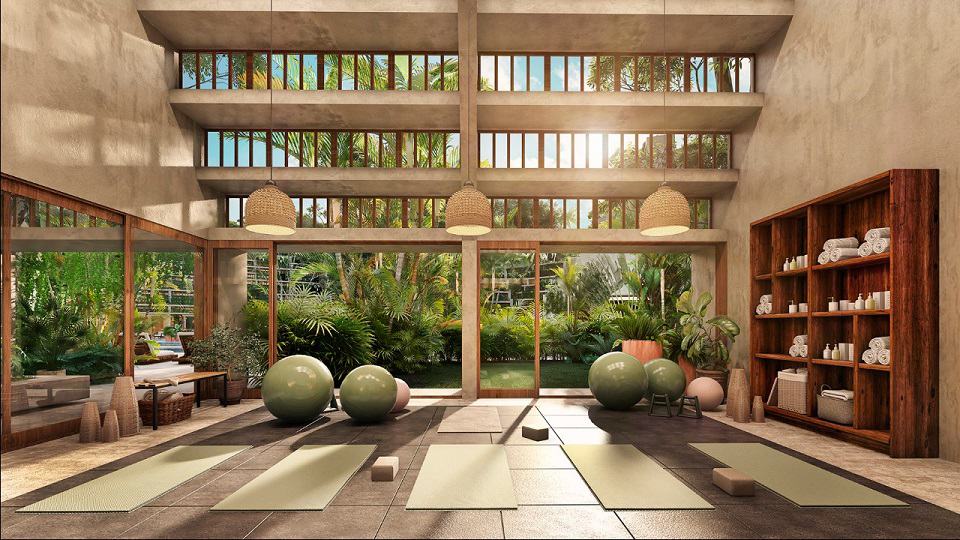 Yoga room with big balls and view for the garden at Kaybe Tulum