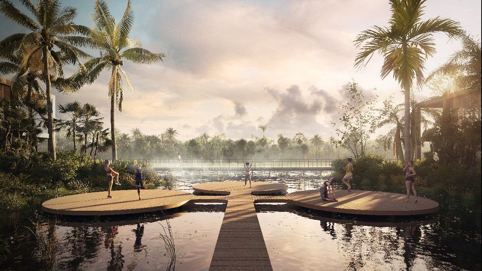Round yoga terraces on the water surrounded by jungle at The Village Residence and Resort