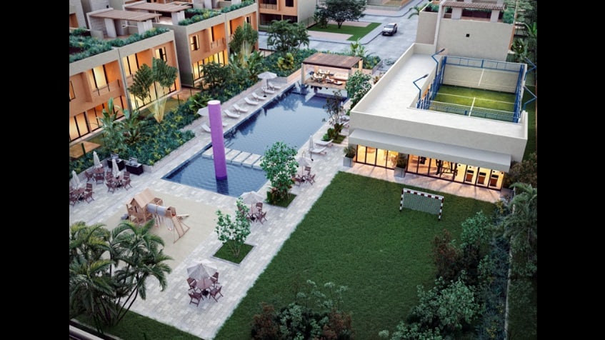 Condominio con vista superior con casa de deportes, campo de fútbol y área de juegos para niños junto a la piscina en Aleda Playa