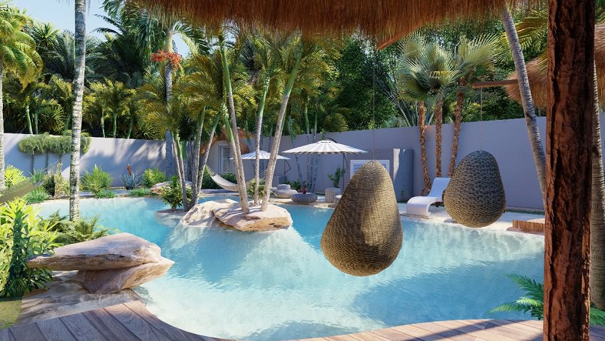 Ground floor pool with bucket swings surrounded by vegetation at Nativo Cozumel