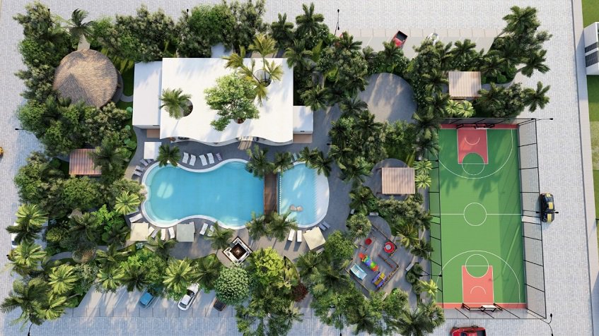 Top view of club house with a pool and basketball court at Grand Privada Tulum