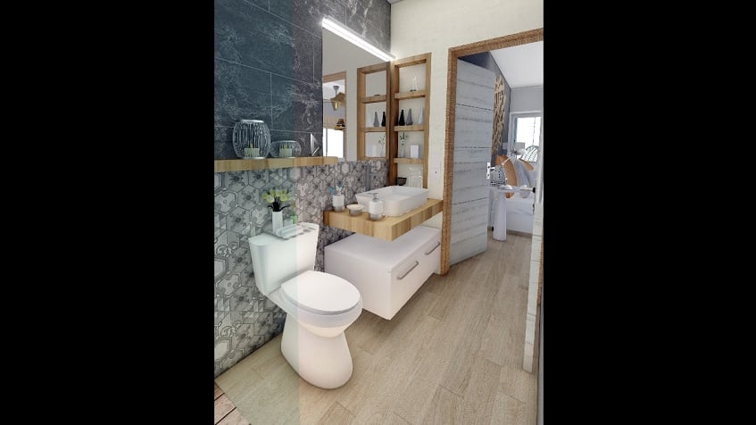 Bathroom with grey mosaic tiles at Nativo Cozumel