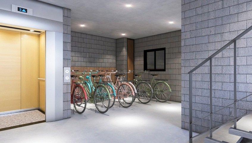Bicycle parking with colorful bicycles at Torre Tierra Urban Condos