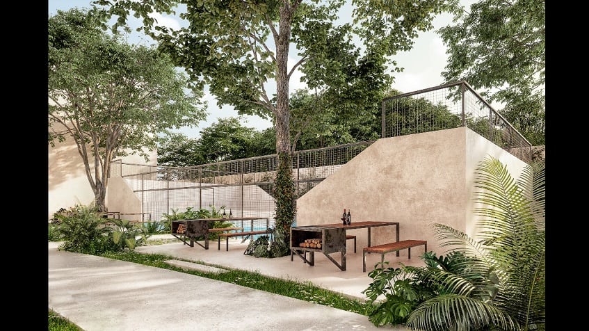 Paddle court with bbq grills with long tables at Uxul Tulum by Anah