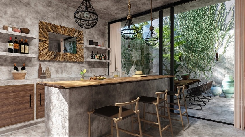 Kitchen with grey colour walls and terrace with plant wall at Mar y Miel Tulum
