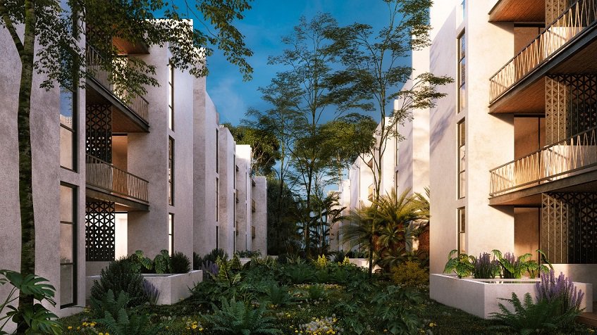 Garden between two residential buildings at Uxul Tulum by Anah