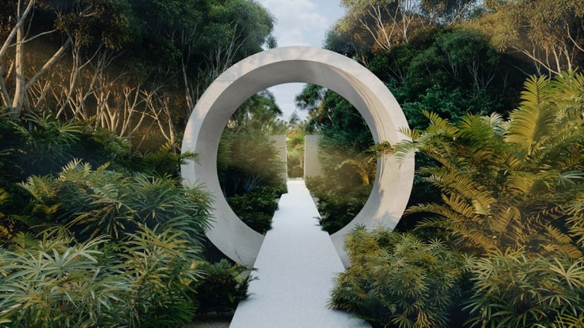 Round concrete construction as an entrance way in the jungle at Taema Residential