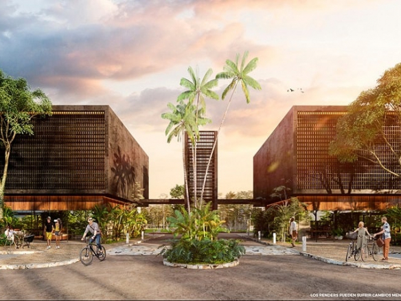 Main entrance with two tall buildings and people on the bicycles and in the car passing by at Edena Tulum