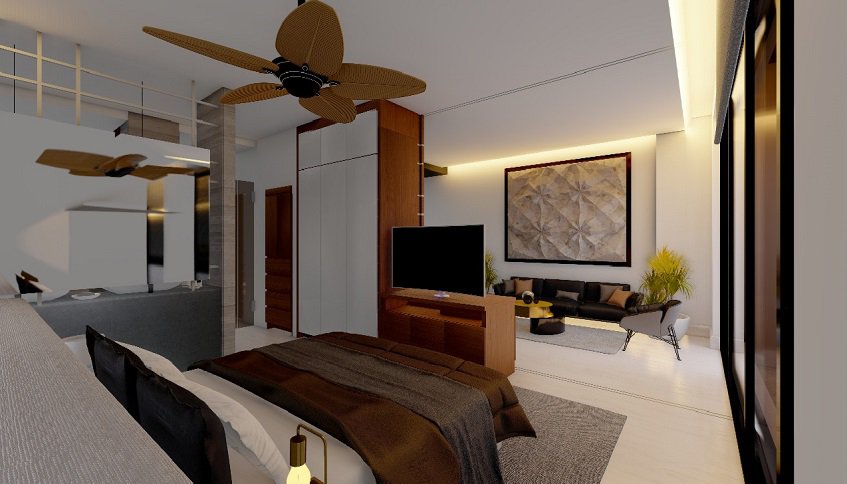 Studio interior with bed in front of tv and living room area at Central Park Quintas