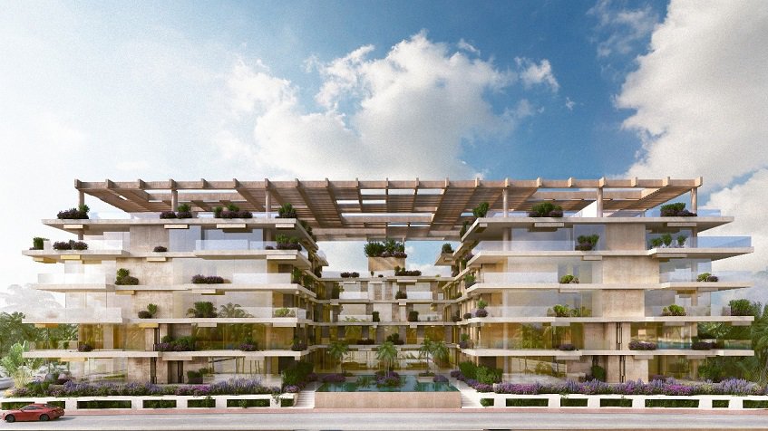 Facade of residential building with large windows and balconies at Alba Marina