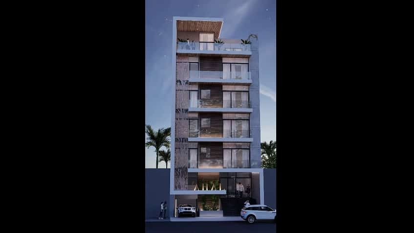 Front view of residential building with balconies at Ahal Riviera Maya