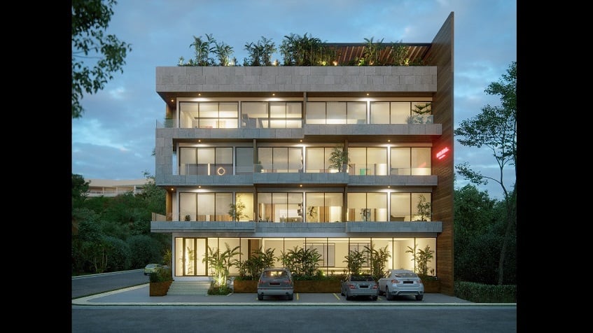 Front facade view of residential building from the street at Helena Tulum Luxury Homes
