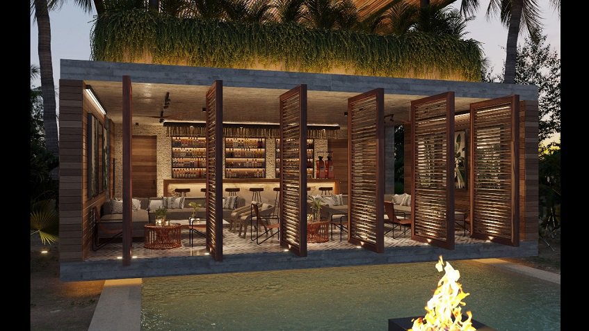 Restaurant bar in front of swimming pool with fire pit at Chay Reflection Lofts Tulum