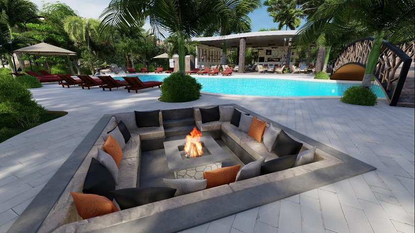 Square fire pit area and swimming pool in the house club at Grand Privada Tulum