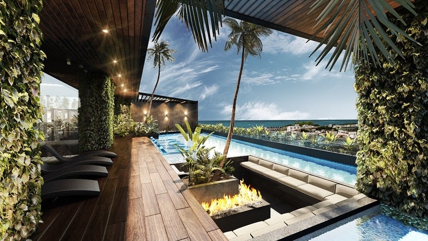 Swimming pool by the large fire pit area at Sofia Boutique Condos