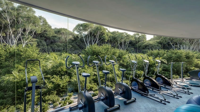Gym room with bicycles and the view of the jungle at Taema Residential