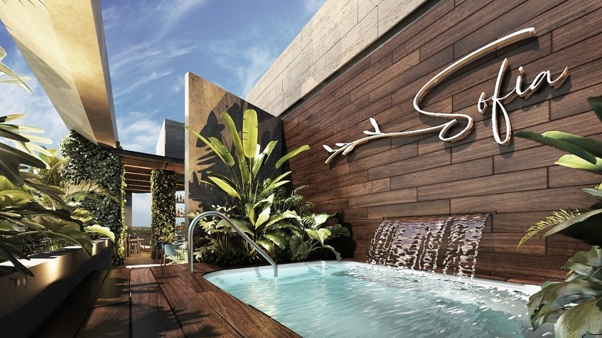Jacuzzi with water falling down and logo Sofia Boutique Condos