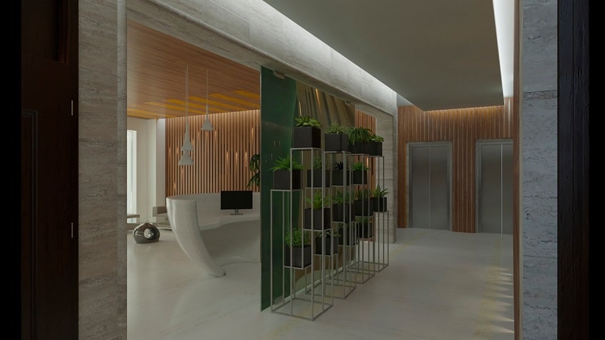 Lobby corridor with plants shelf and two elevators at Central Park Quintas