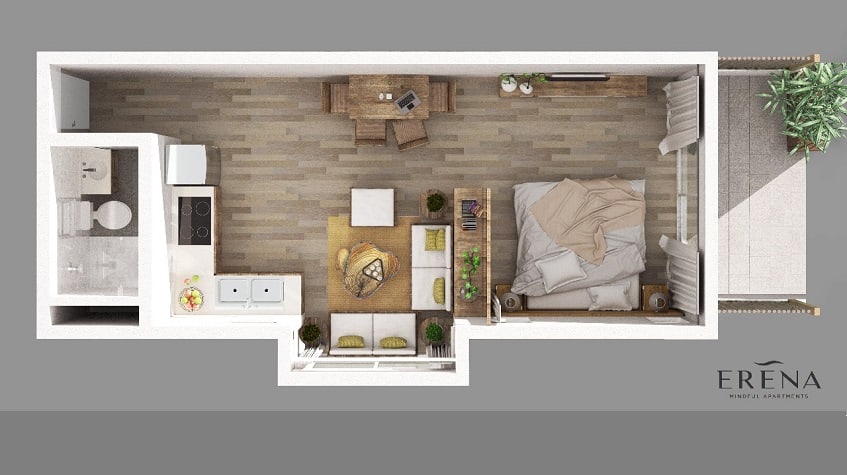 Condo floor plan with terrace and sofa corner living room at Erena Mindful Apartments