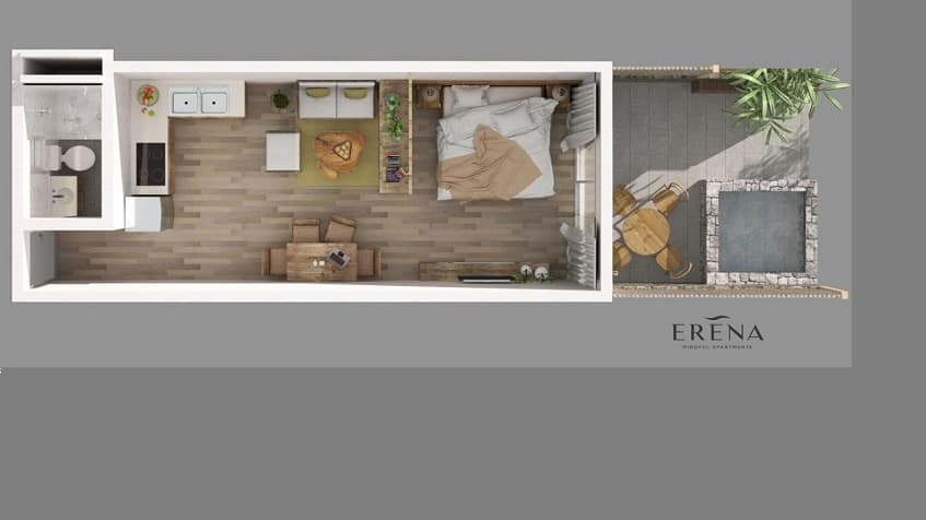 Condo floor plan with terrace pool at Erena Mindful Apartments